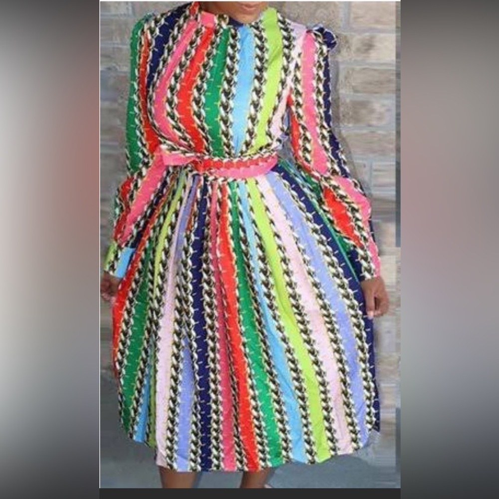 Fall Women Autumn‎ Winter Midi O-Neck Full Sleeve Stripped Dress. Size 5